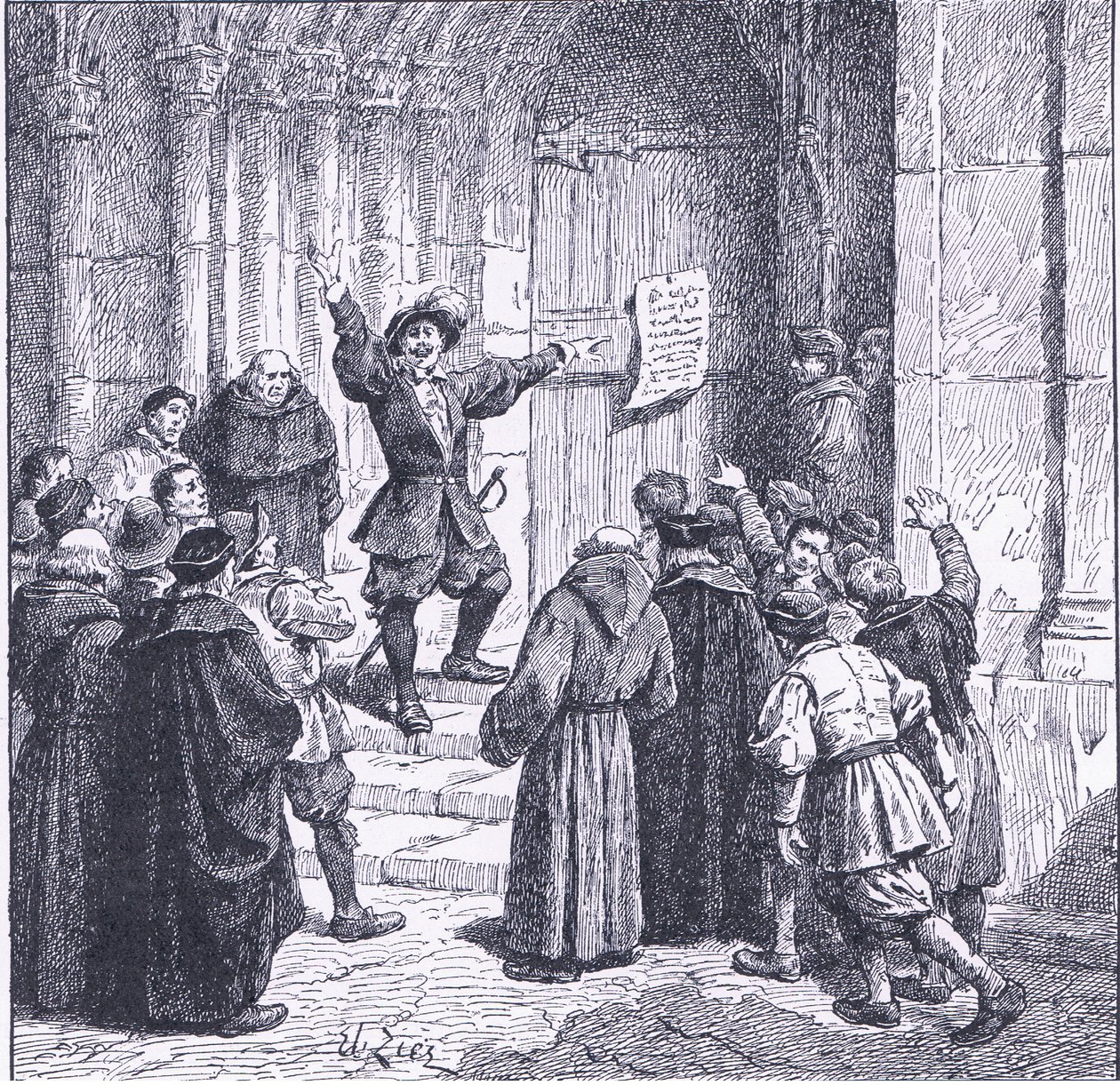 Robert Aske befestigt seine Proklamation an der Tür der York Minster, aus Cassells Geschichte des britischen Volkes, veröffentlicht von der Waverley Book Company, ca. 1950er Jahre von Francois Edouard Zier
