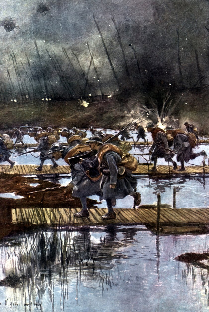 Französisches 1. Infanteriekorps überquert den Yser-Kanal, 31. Juli 1917, 4:45 Uhr. Nach einem Gemälde von Francois Flameng (1856-1923) Franzose. von Francois Flameng
