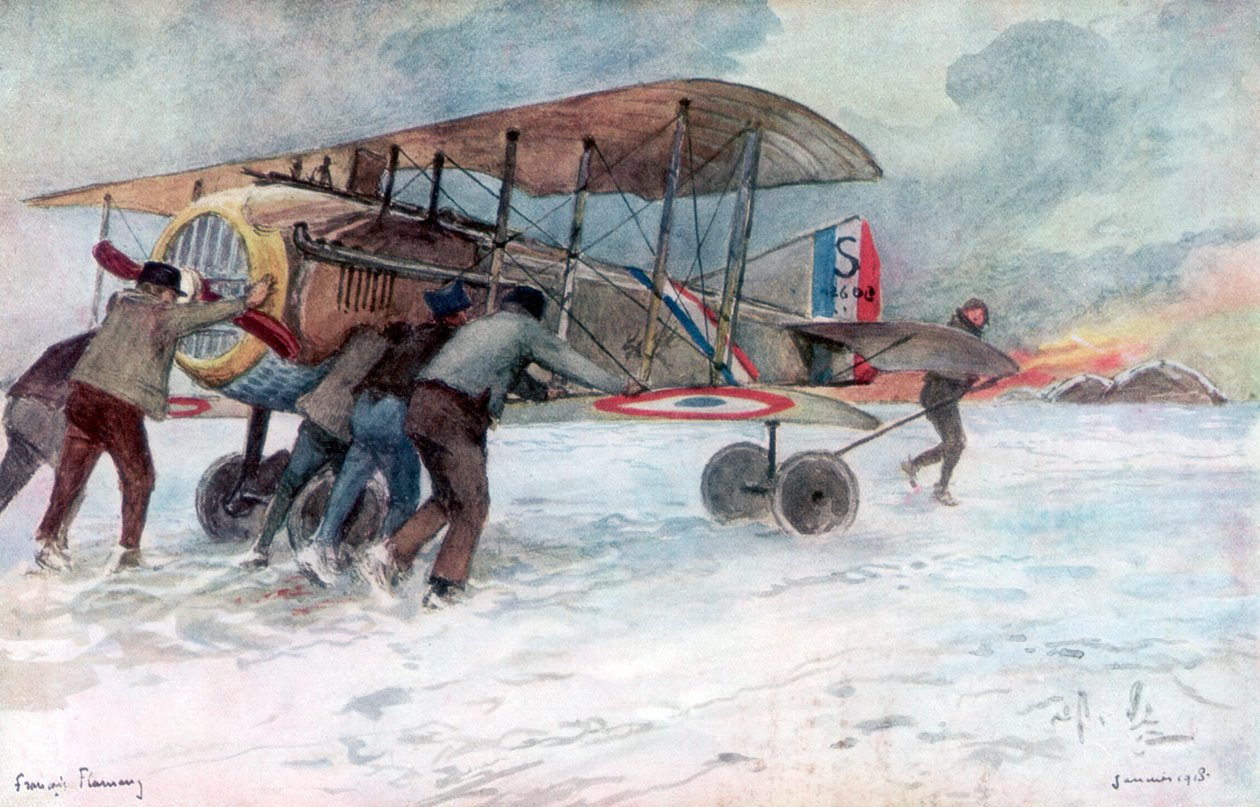 Bodenpersonal betreut einen französischen Spad auf einem schneebedeckten Feld, 1918, 1926 von Francois Flameng