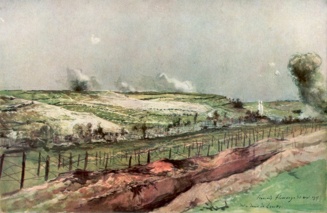 Notre Dame de Lorette und St. Nazaire, Ablain, während der Bombardierung, Artois, Frankreich, 1915, 1926 von Francois Flameng