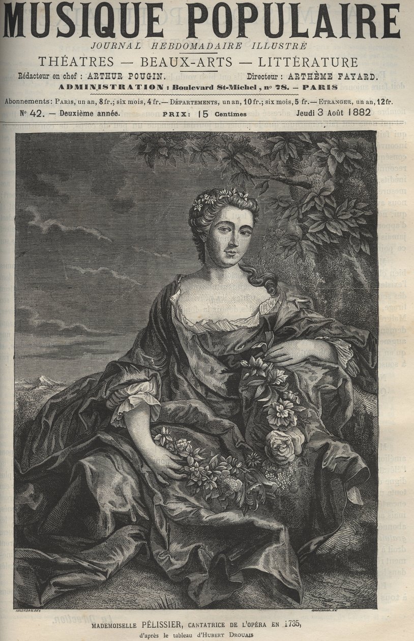 Porträt von Marie Pelissier (oder Pellissier) (1707-1749), französische Opernsängerin - Gravur nach dem Gemälde von Hubert Drouais - Gravur in „Populäre Musik“ illustriertes Wochenblatt - 1882 von Francois-Hubert Drouais