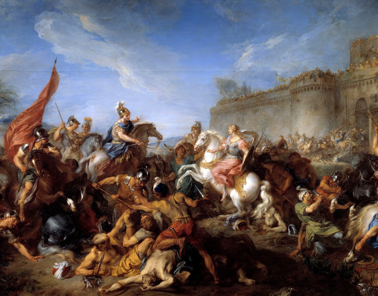 Tancrede übergibt Waffen an Clorinde. Illustration für das Gedicht „La gerusalemme liberata“ von Torquato Tasso von François Lemoyne
