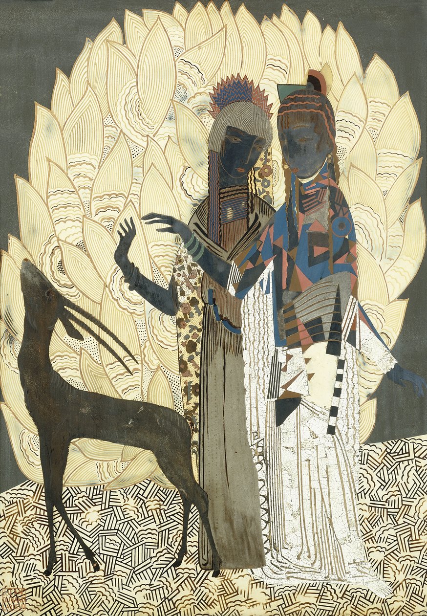 Zwei stilisierte Frauen mit einer Antilope unter Laubwerk von Francois Louis (after) Schmied