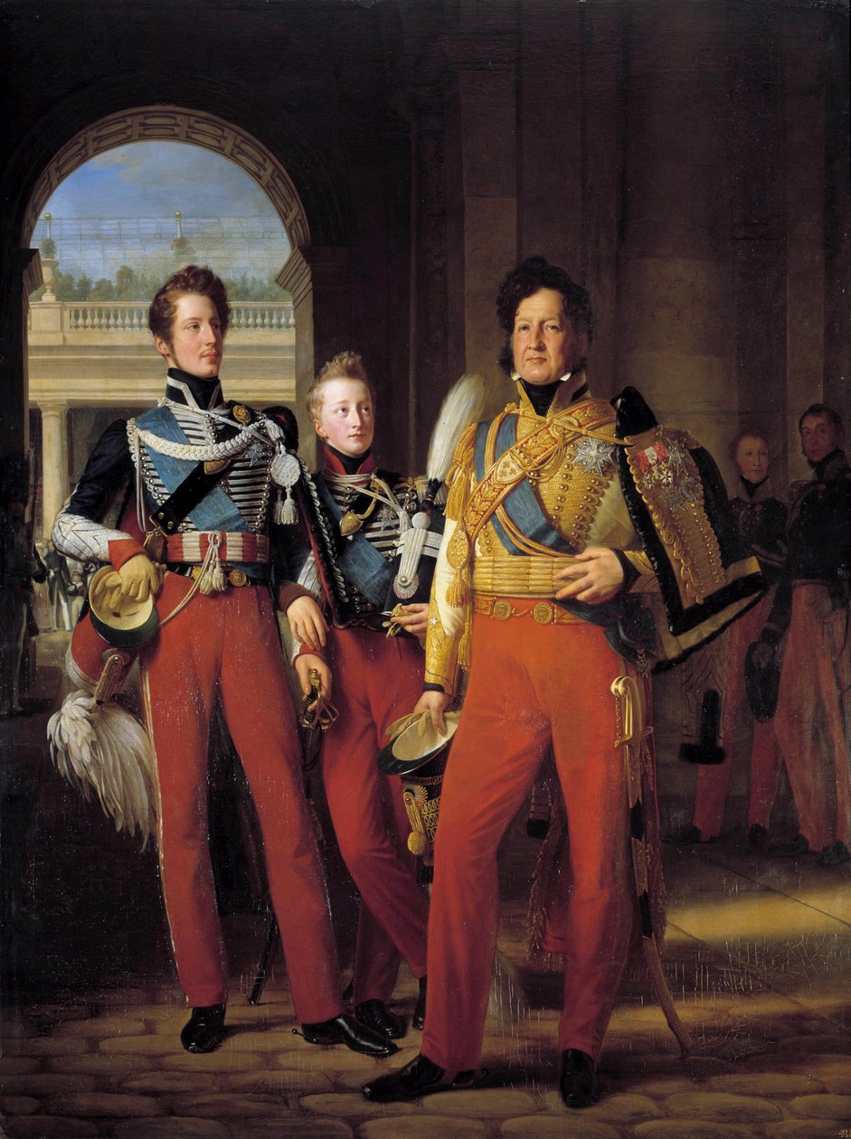 Porträts zu Fuß von Louis-Philippe I. (1773-1850), Herzog von Orléans in der Uniform als Generaloberst der Husaren, und seiner Söhne: der Herzog von Chartres und der Herzog von Nemours von Baron François Pascal Simon Gérard