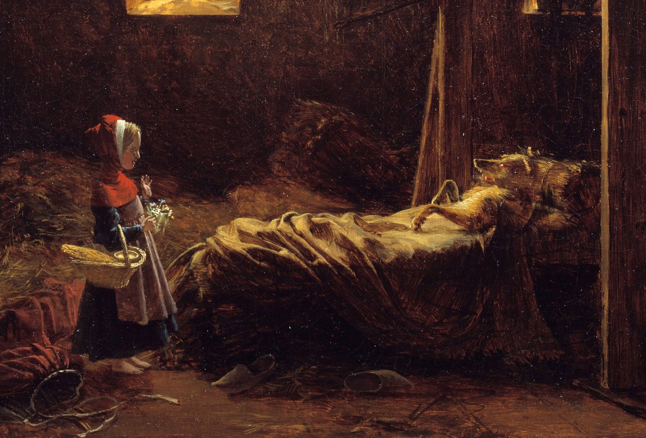 Rotkäppchen, Detail. Illustration des Märchens von Charles Perrault, Rotkäppchen vor dem Wolf, der als Großmutter verkleidet ist von Francois Richard Fleury
