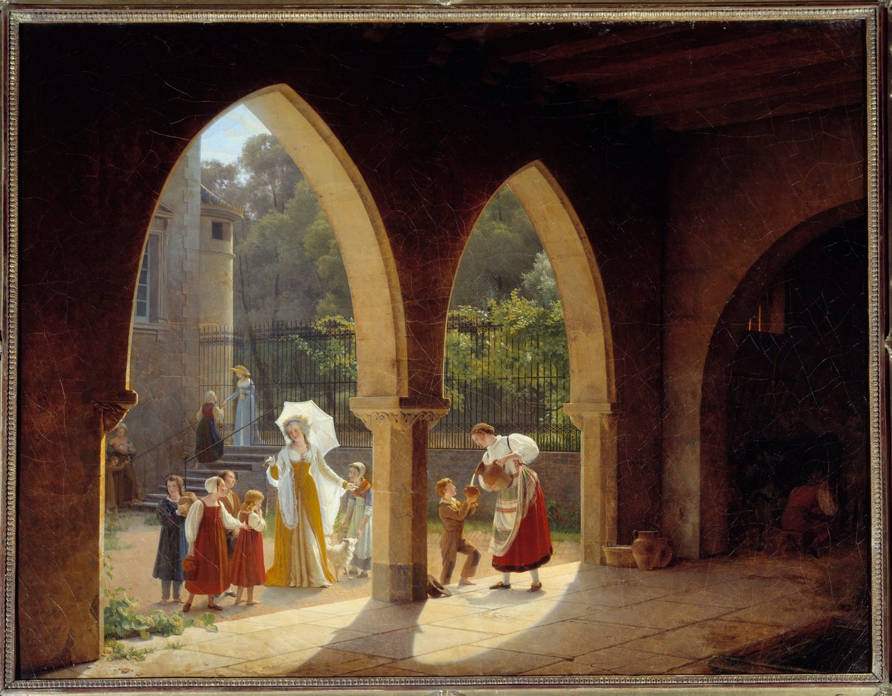 Madame Elisabeth von Frankreich (1764-1794), Schwester von Ludwig XVI., hilft bei der Milchverteilung in ihrem Haus in Montreuil bei Versailles. Gemälde von Francois Richard Fleury (1777-1852) von Francois Richard Fleury