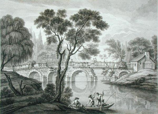 Entwurf für eine ruinöse Brücke für den Garten im Syon House, veröffentlicht 1778 von Francois Vivarez