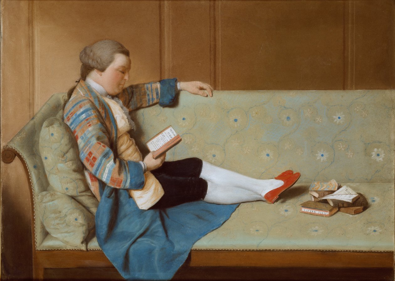 Porträt eines Mannes, der auf einem Sofa liegt und liest, Mitte des 18. Jahrhunderts von Francois Xavier Vispre