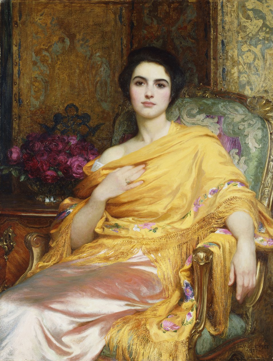 Porträt von Elsa, Tochter von William Hall, dreiviertel Länge, sitzend, ein rosa Kleid und einen gelben Schal tragend, 1927 von Frank Dicksee