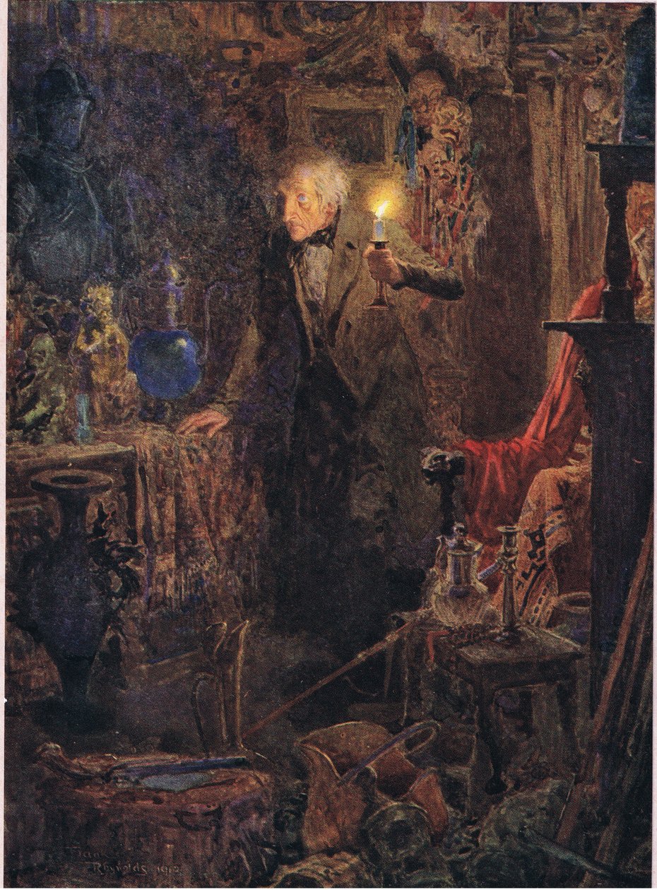 Er war ein kleiner alter Mann mit langen grauen Haaren, dessen Gesicht und Gestalt, als er das Licht über seinen Kopf hielt und vor sich schaute, um 1920 von Frank Reynolds