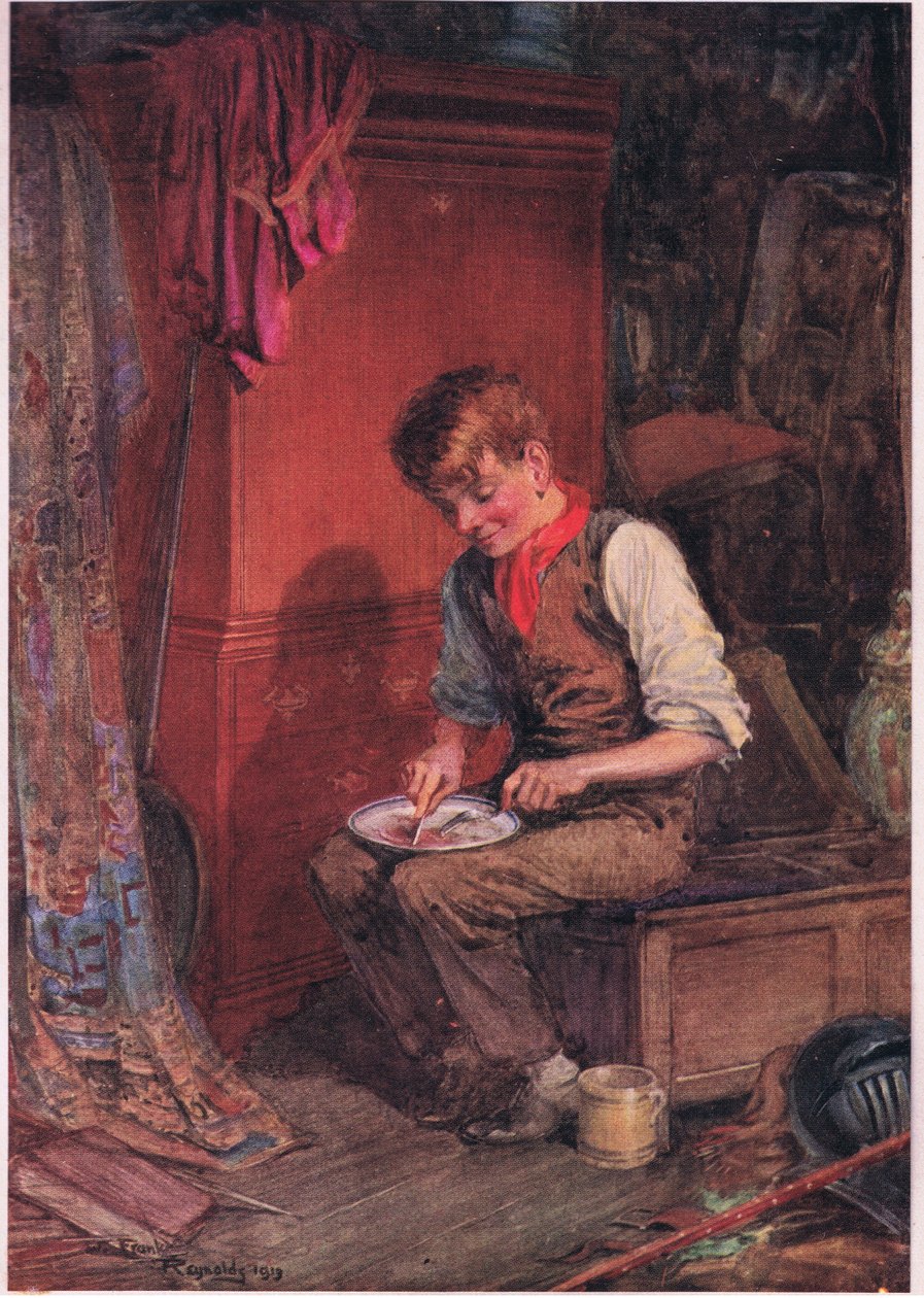 Kit trug eine große Scheibe Brot und Fleisch in eine Ecke und machte sich daran, sie mit großer Gier zu verzehren, um 1920 von Frank Reynolds