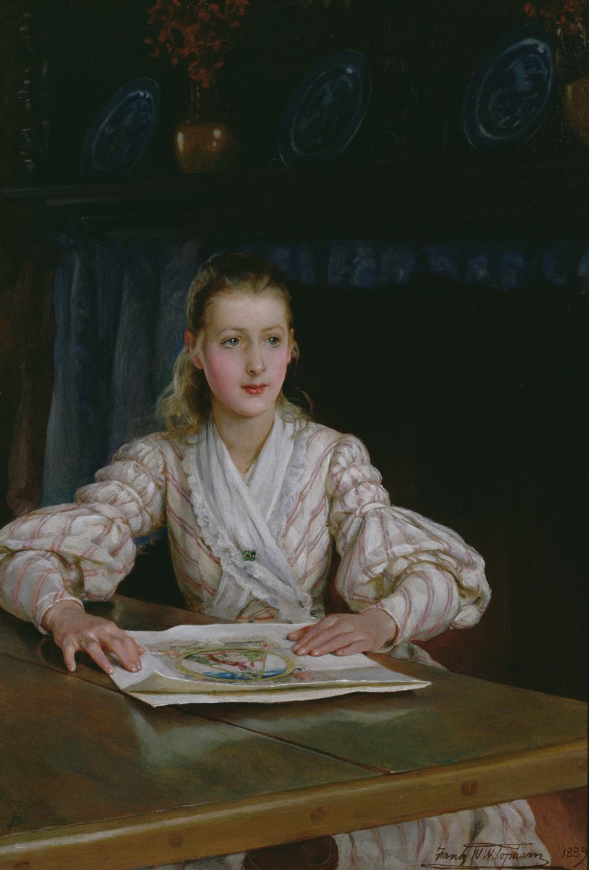 Junges Mädchen, das einen Druck betrachtet, 1889 von Frank William Warwick Topham