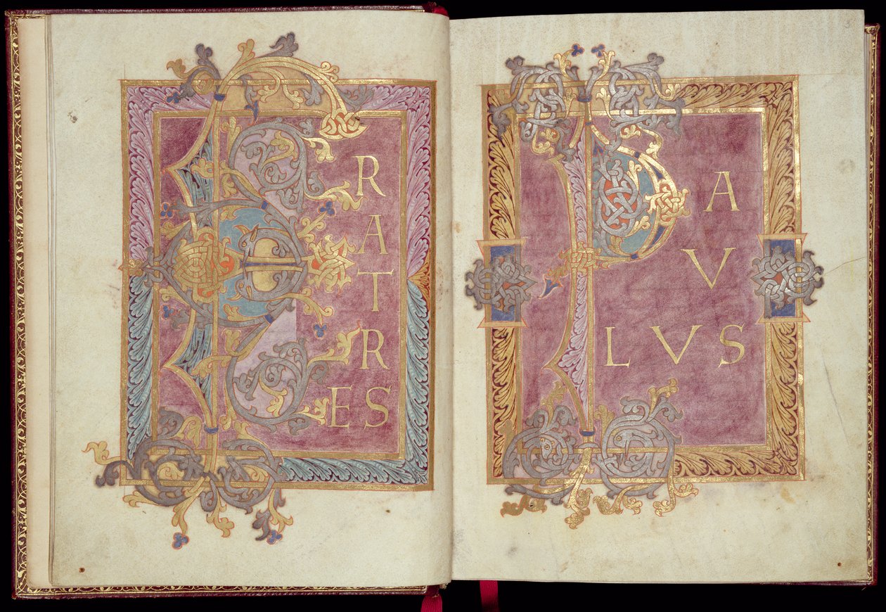 Ms McClean 30, ff.2v-3r: Initialseiten eingerahmt mit Akanthusblättern, aus dem Reichenauer Epistolary, spätes 10. Jahrhundert (Goldtinte & Tempera auf Pergament) von Frankish School