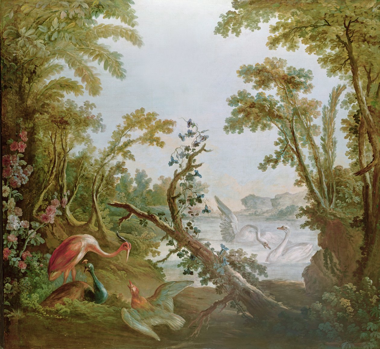 See mit Schwänen, einem Flamingo und verschiedenen Vögeln, aus dem Salon von Gilles Demarteau, ca. 1750-65 von François Boucher