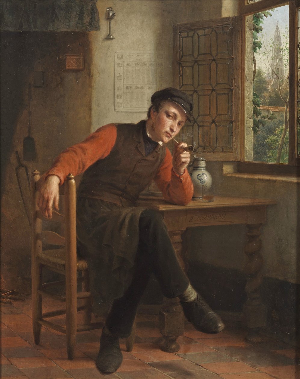 François Antoine De Bruycker - Pfeife rauchender junger Mann in einem Stubeninterieur von François Antoine de Bruycker