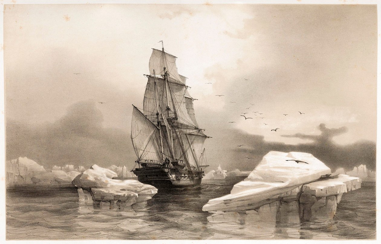 Korvette La Recherche bei Bäreninsel am 7. August 1838, aus Voyages en Scandinavie von François Auguste Biard