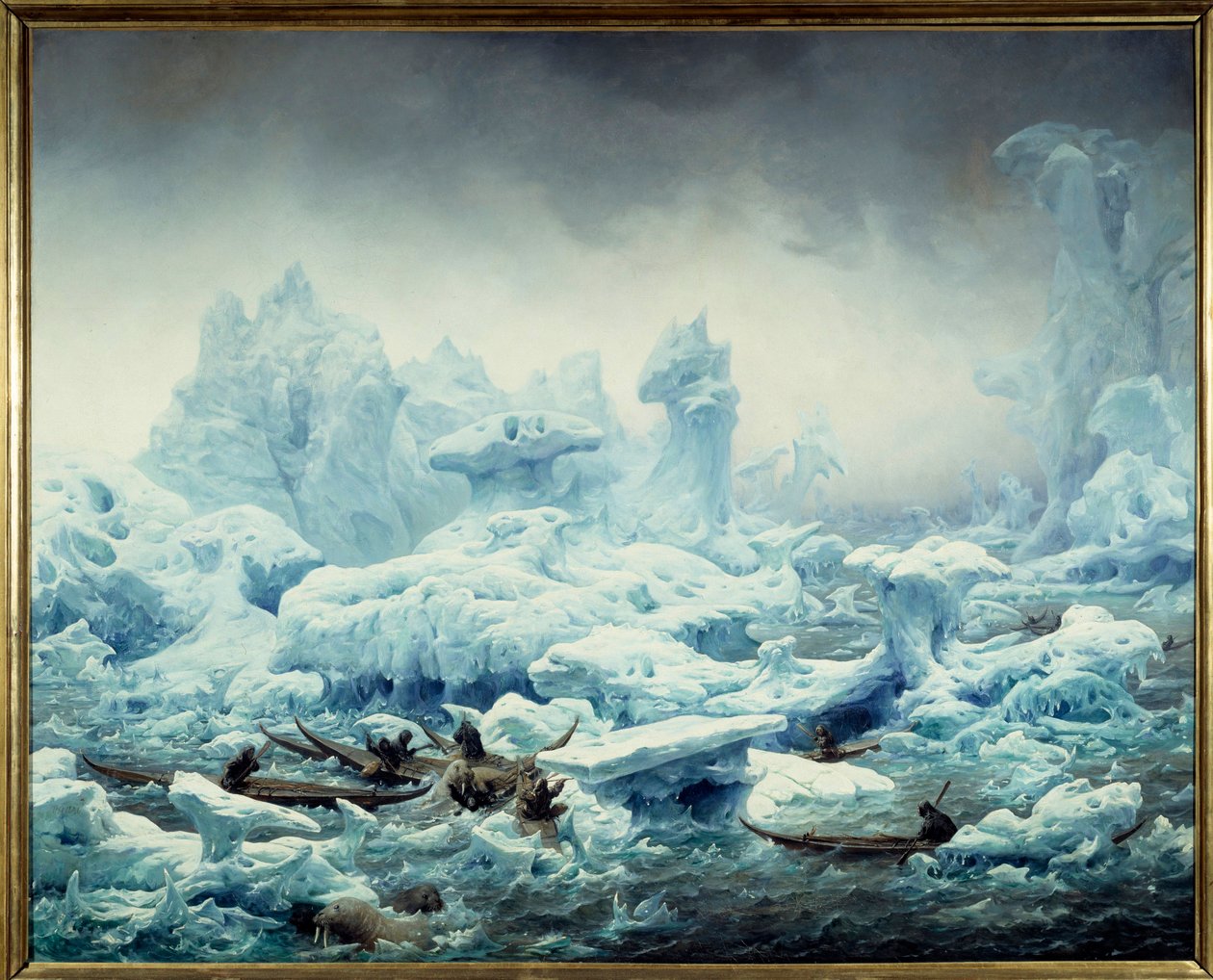Ansicht des eisigen Ozeans, Walrossjagd durch die Grönländer. Gemälde von François Auguste Biard (1799-1882) 1841 Dieppe, Musée du Château von François Auguste Biard