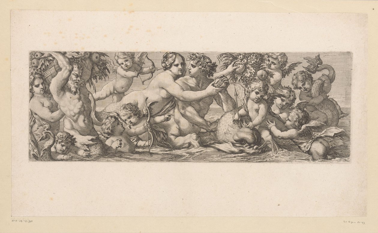Bacchus mit Satyr, Nereide und Putti im Wasser. Mythologische Figuren am Wasser von François Bignon (attributed to)