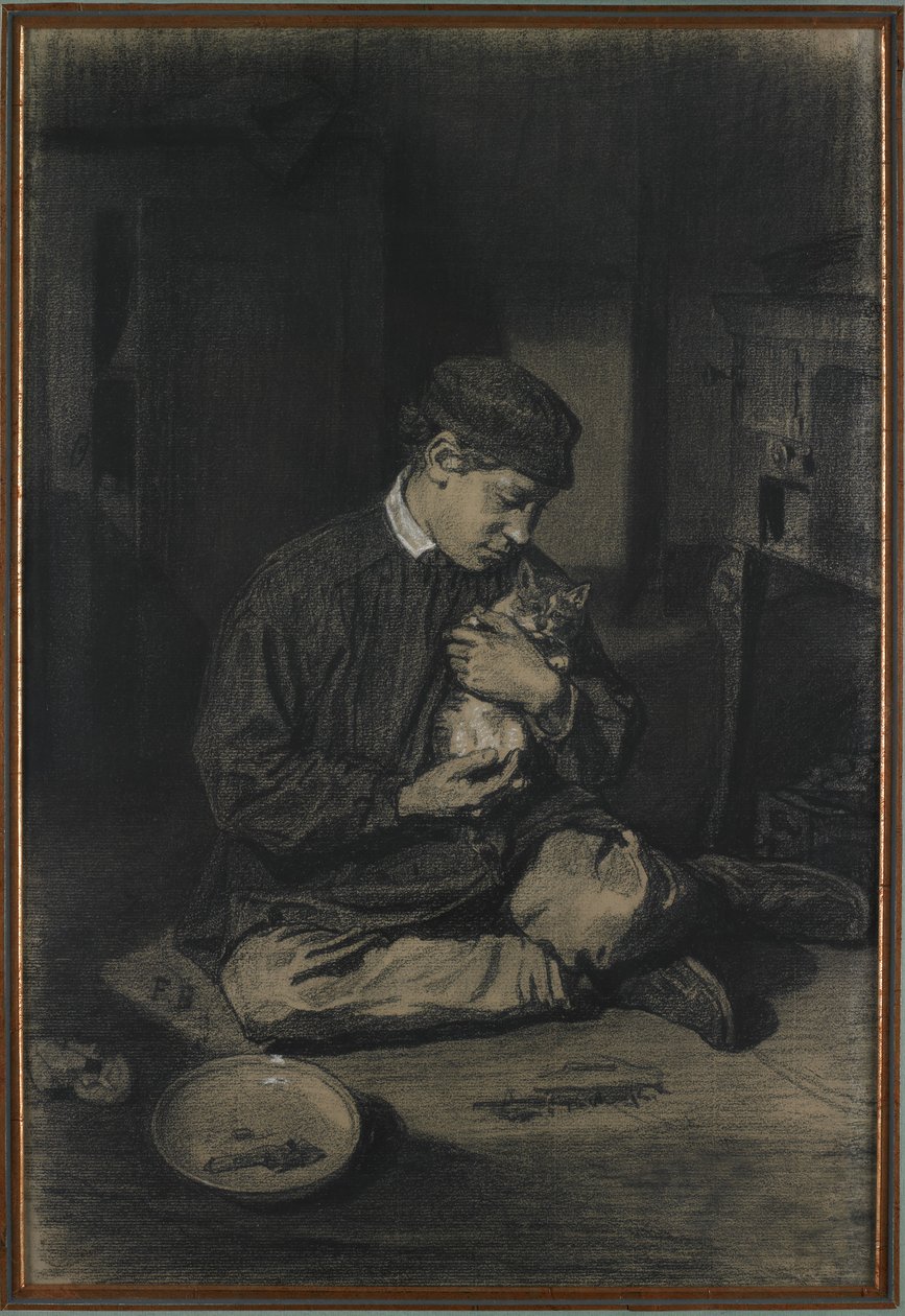 Sitzender Junge mit einer Katze (recto); Studie von Kätzchen und einem Teller Milch (verso), ca. 1874-80 von François Bonvin