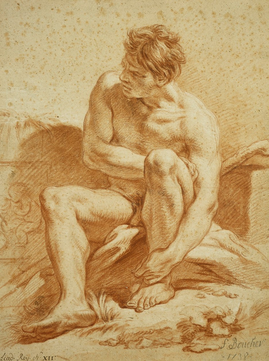 Ein sitzender Akt mit einem Stab, ein Relief mit Putti links von François Boucher