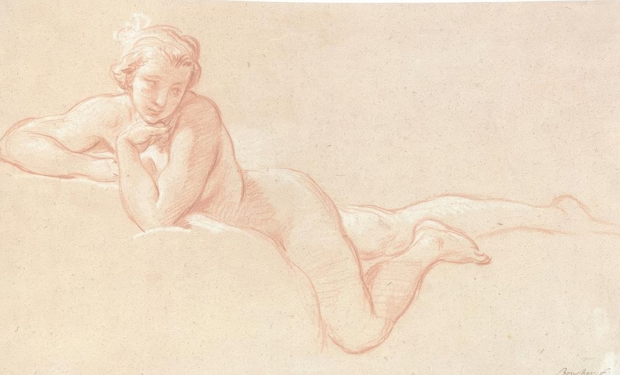 Aktstudie einer auf Wolken liegenden Frau, das Kinn auf die linke Hand gestützt von François Boucher