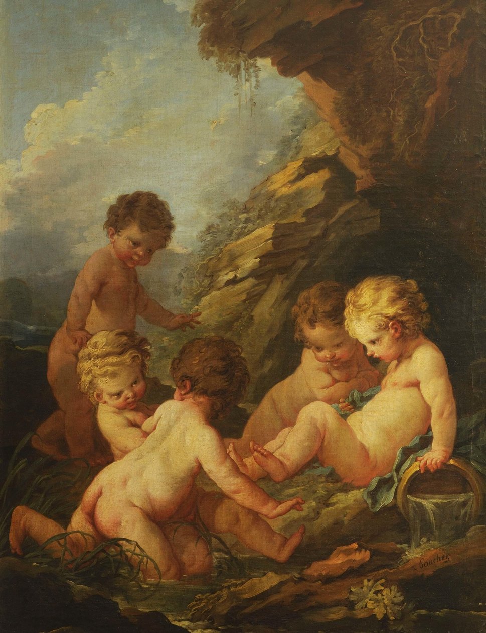 Boucher - Fünf nackte Kinder spielen an einem felsigen Teich, 1730-1735 von François Boucher