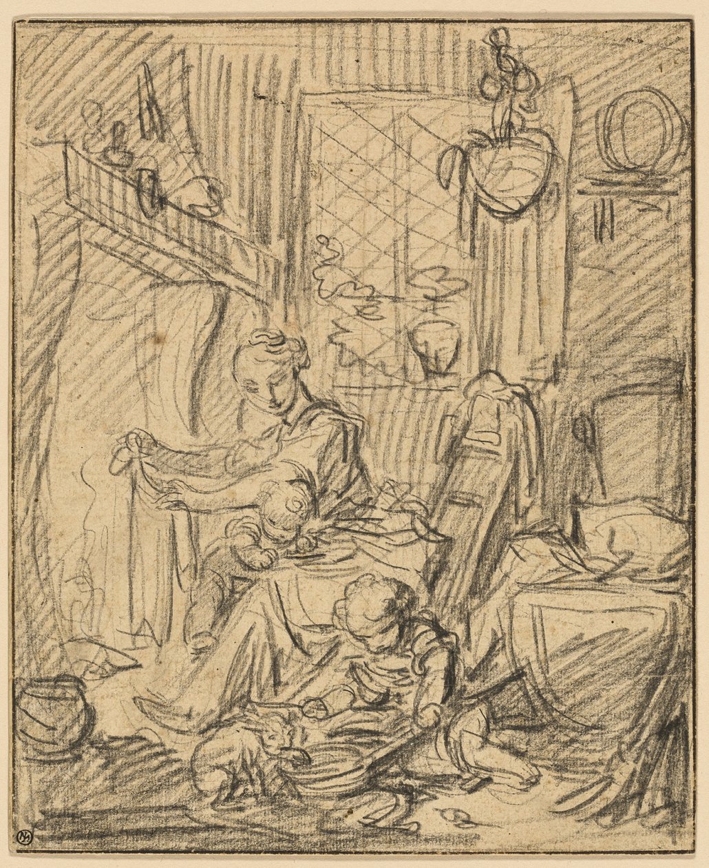 Heimatszene: Mutter mit zwei kleinen Kindern vor einem Kamin von François Boucher