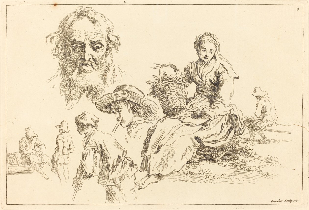 Figurenstudien einschließlich bärtiges Gesicht eines alten Mannes von François Boucher after Abraham Bloemaert