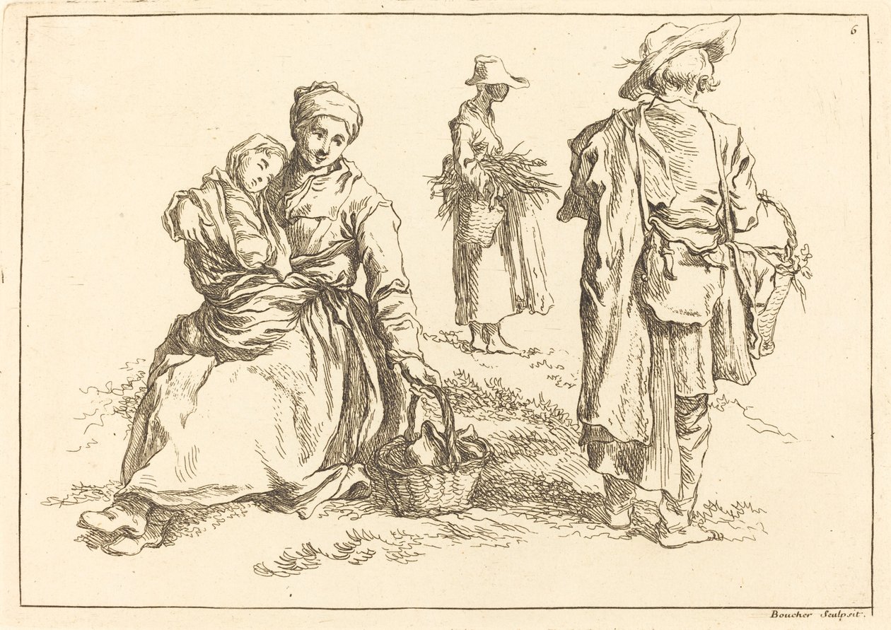 Sitzende Mutter und Kind, zwei stehende Bauern von François Boucher after Abraham Bloemaert