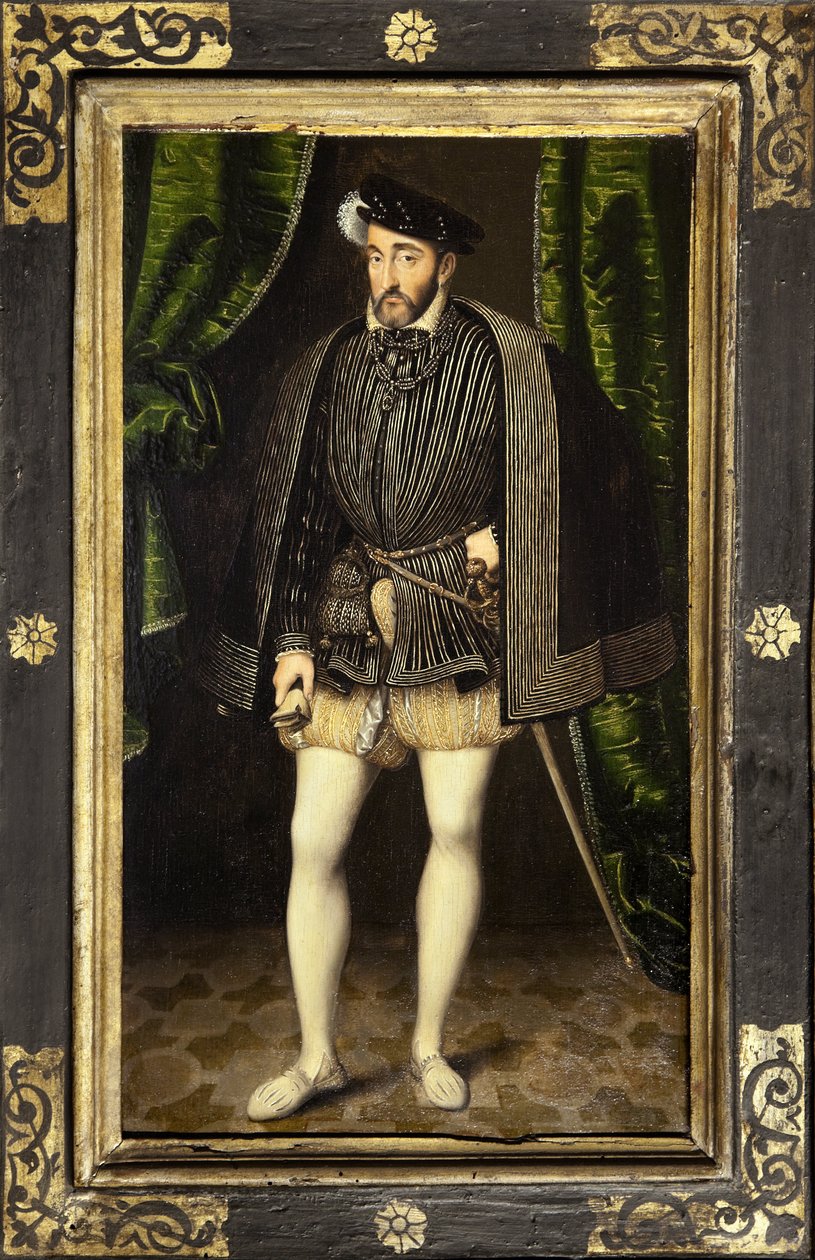 Porträt von Heinrich II (1519-1559), Sohn von Franz I. und Claude de France, König von Frankreich von 1547 bis 1559, Gemälde aus der Werkstatt von François Clouet, um 1520-1572, verkleinerte Version des lebensgroßen Porträts von François Clouet. Fotografie von François Clouet