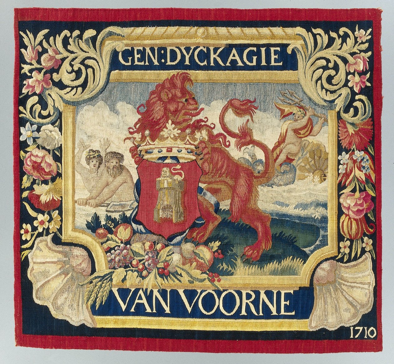 Kissenbezug mit symbolischer Darstellung und dem Wappen von Voorne von François Coppens (attributed to)