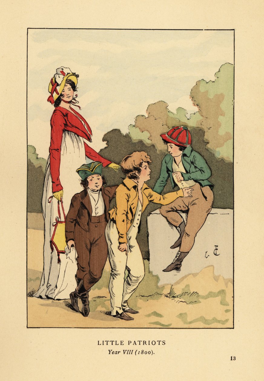 Jungen in Jacken und Kniehosen mit Merveilleuse im römischen Gewand mit Haube und Spencerjacke. Kleine Patrioten, Jahr VIII von François Courboin