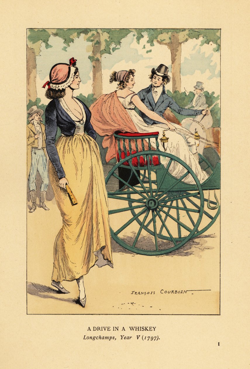 Modisches Paar in einer Einspänner-Kutsche oder Gig in Longchamps, Paris, Jahr V von François Courboin