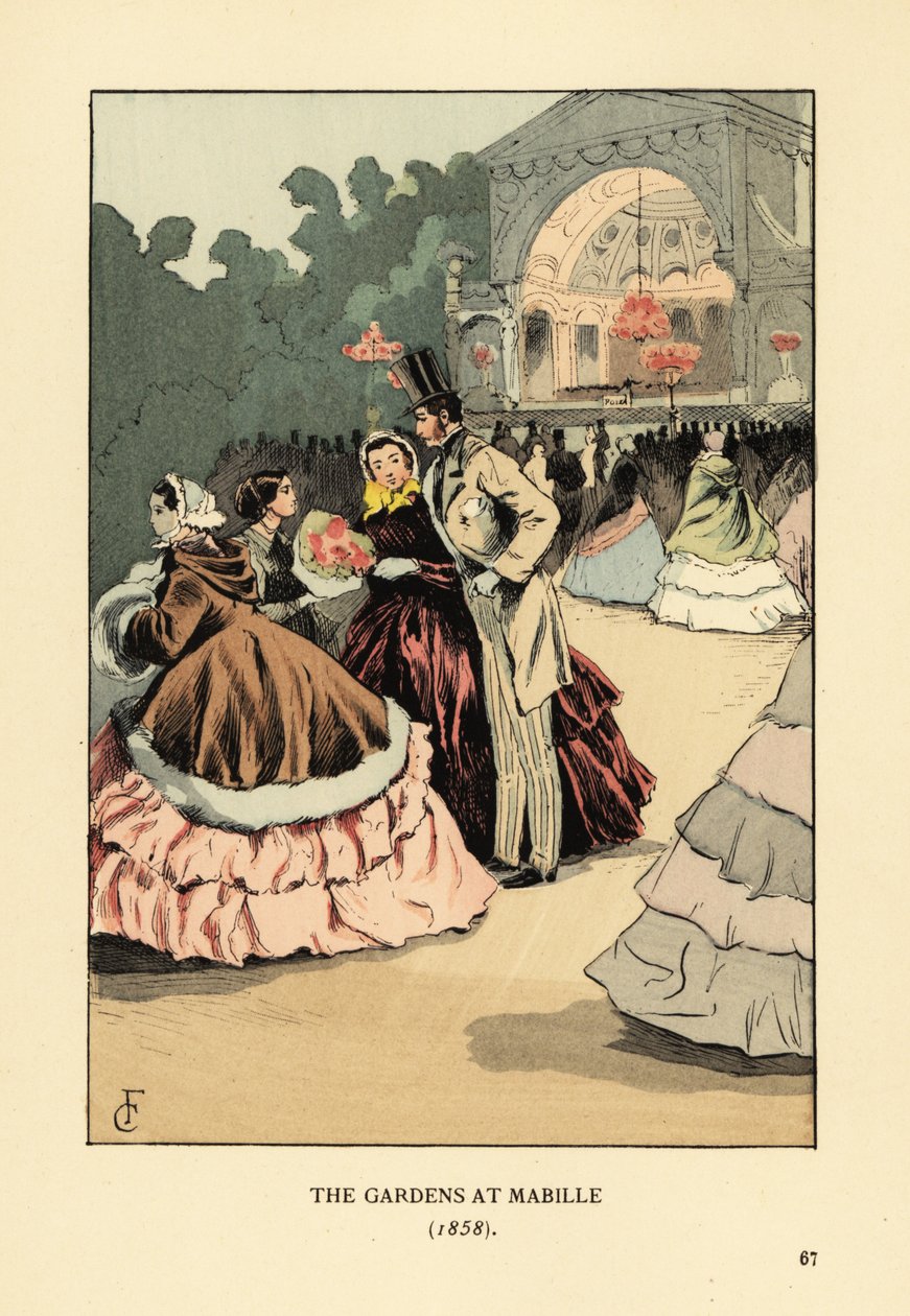 Modische Leute beim Tanz im Freien, Bal Mabille. Frauen in weiten Krinolinen und Pelzcapes, Mann mit Zylinder, Jacke und gestreiften Hosen. Der Abendtanz im Jardin Mabille, Avenue Montaigne, fand von 1844 bis 1875 statt. Die Gärten von Mabille von François Courboin