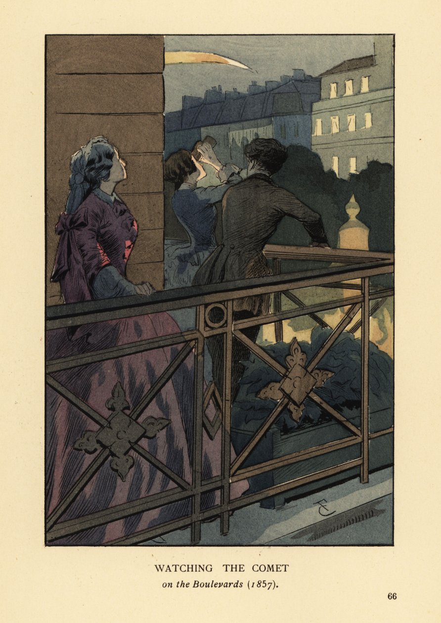 Modische Leute beobachten den Kometen von 1857 von einem Boulevardbalkon in Paris. Frau in Krinoline mit Fernglas. Handkolorierte Lithographie von R.V. nach einer Illustration von Francois Courboin aus Octave Uzannes Mode in Paris, William Heinemann, Londo von François Courboin