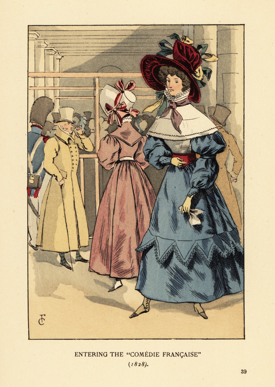 Modische Frauen bei einem Theaterstück, Paris. Frau mit großem Hut mit Bändern, Kleid mit hohem Kragen, Spitzenumhang oder Pelerine und weiten Ärmeln en beret. Eintritt in die Comedie Francaise von François Courboin