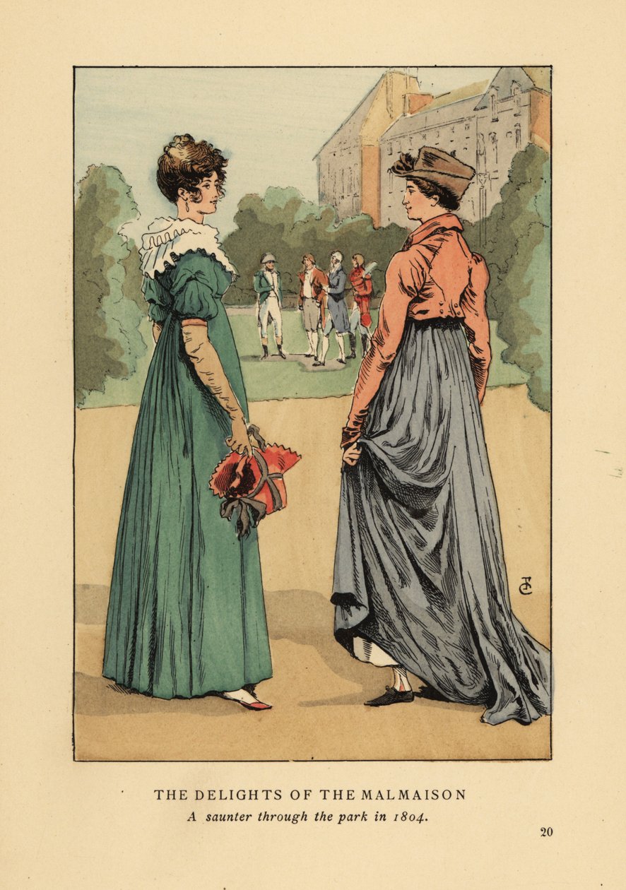 Modische Frauen genießen die Freuden des Château de Malmaison. Ein Spaziergang durch den Park im Jahr 1804. Handkolorierte Lithographie von R.V. nach einer Illustration von Francois Courboin aus Octave Uzannes Mode in Paris, William Heinemann, London von François Courboin