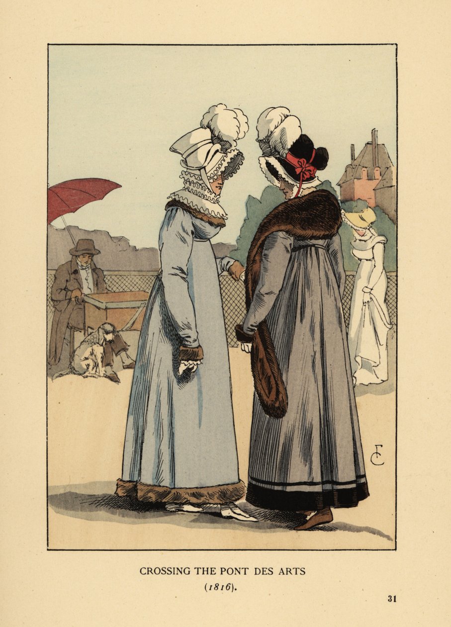 Modische Frauen mit Federhüten, Spitzenkragen und pelzbesetzten Kleidern. Überquerung der Pont des Arts, Paris von François Courboin