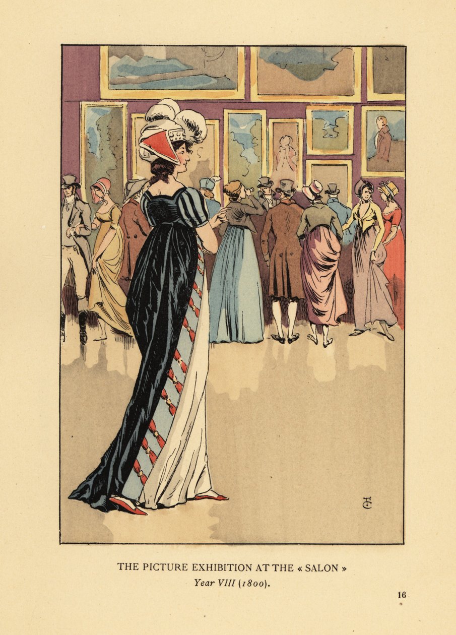 Frau in modischer Kleidung bei der Bilderausstellung im Pariser Salon, Akademie der Schönen Künste, Jahr VIII von François Courboin