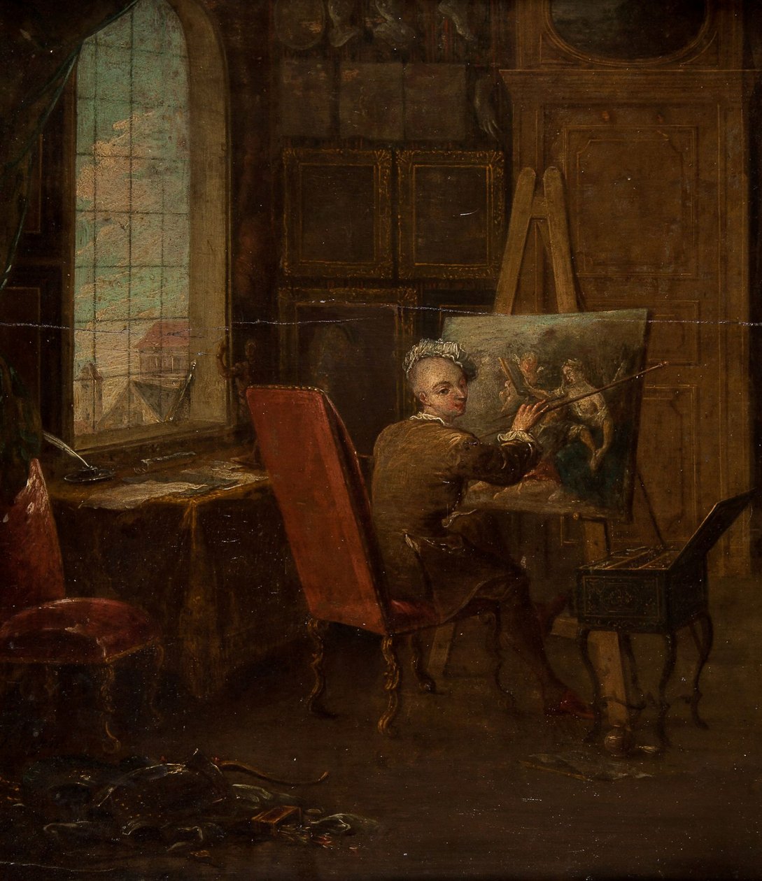Selbstporträt des Künstlers in seinem Atelier, einen Mahlstock haltend von Francois Eisen