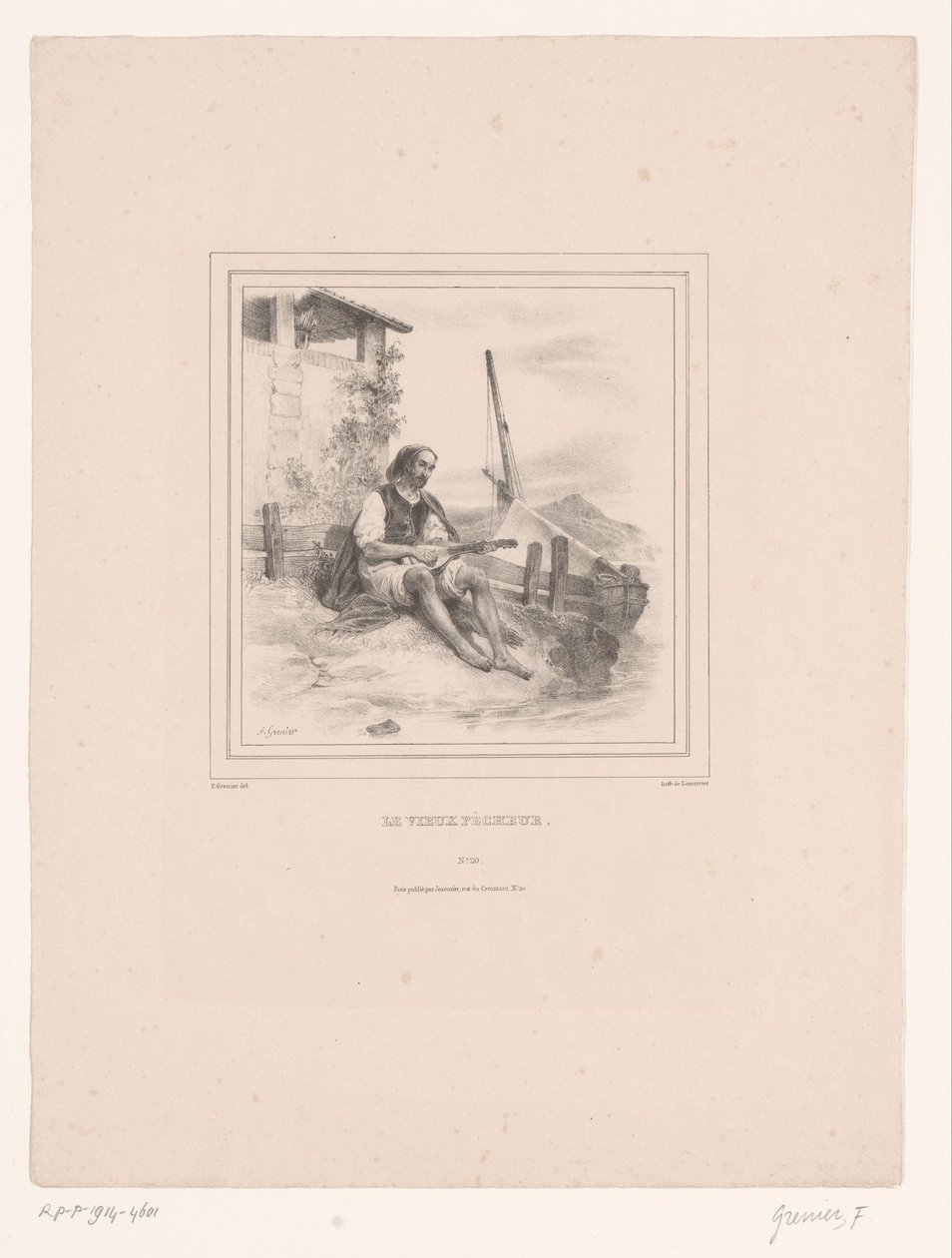 Alter Fischer mit Laute am Wasser von François Grenier
