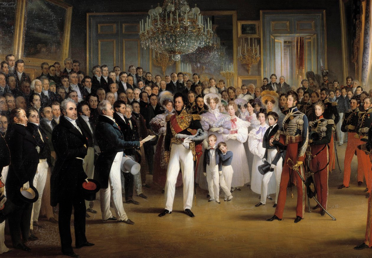 Revolution von 1830: Die Kammer der Deputierten überreicht dem Herzog von Orléans, Louis Philippe I (1773-1850), das Dokument, das ihn auf den Thron ruft, und die Charta von 1830 im Königspalast am 7. August 1830 (Detail) von François Joseph Heim