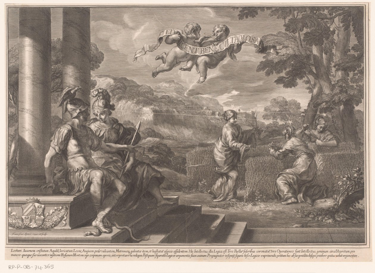 Sitzende Personifikationen von Genie und Philosophie mit Nymphen, die Rosen pflanzen von François Spierre