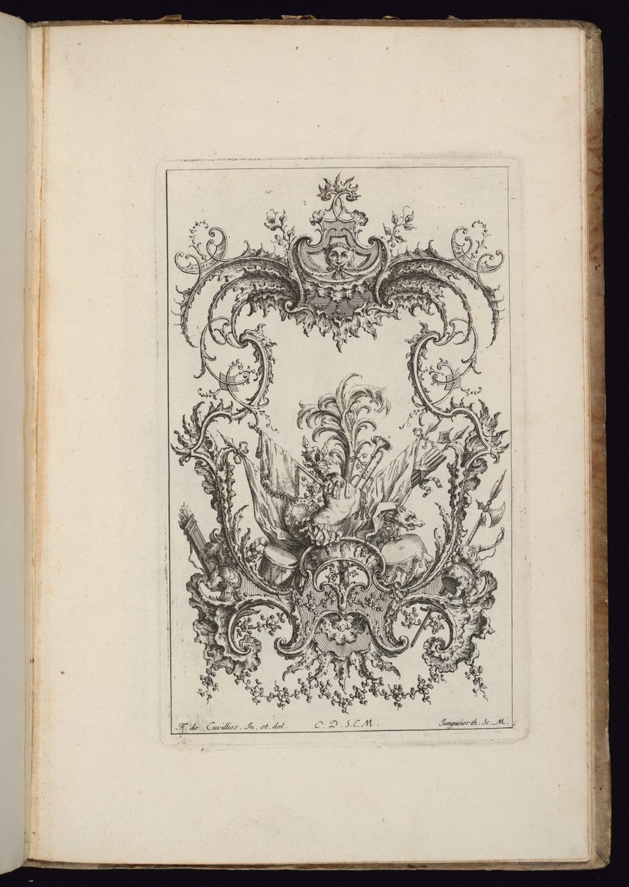 Kartusche mit Wappentrophäe, Livre d’ornements (Buch der Ornamente) von François de Cuvilliés the Elder