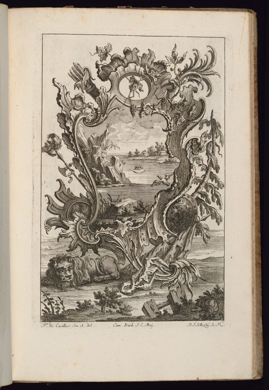 Kartusche mit Köcher und Löwe, Livre de Cartouches Irréguliers (Buch der unregelmäßigen Kartuschen) von François de Cuvilliés the Elder