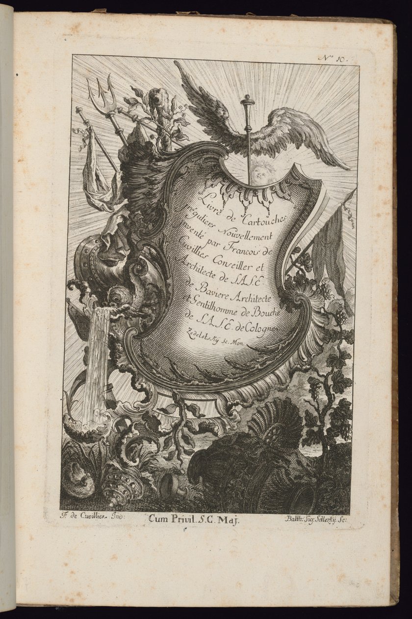 Kartusche mit Merkurstab, Livre de Cartouches Irréguliers (Buch der unregelmäßigen Kartuschen) von François de Cuvilliés the Elder
