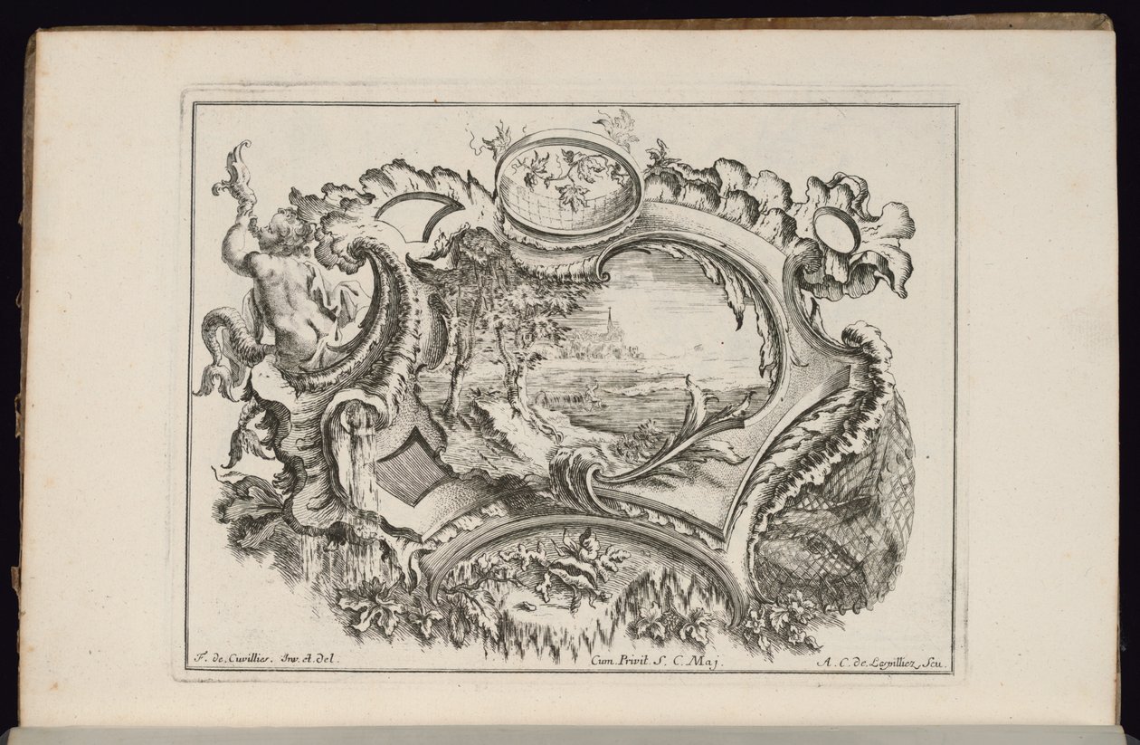 Kartusche mit Putto, der eine Muschel bläst, Livre de Cartouches Irréguliers (Buch der unregelmäßigen Kartuschen) von François de Cuvilliés the Elder