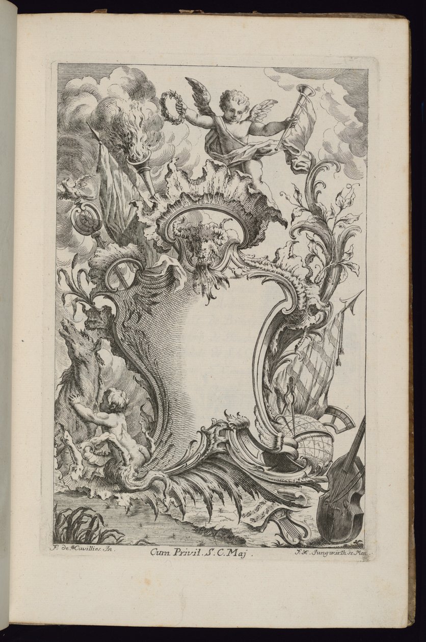 Kartusche mit einem Genius, Livre de Cartouches à divers usages (Buch der Kartuschen für verschiedene Verwendungen) von François de Cuvilliés the Elder
