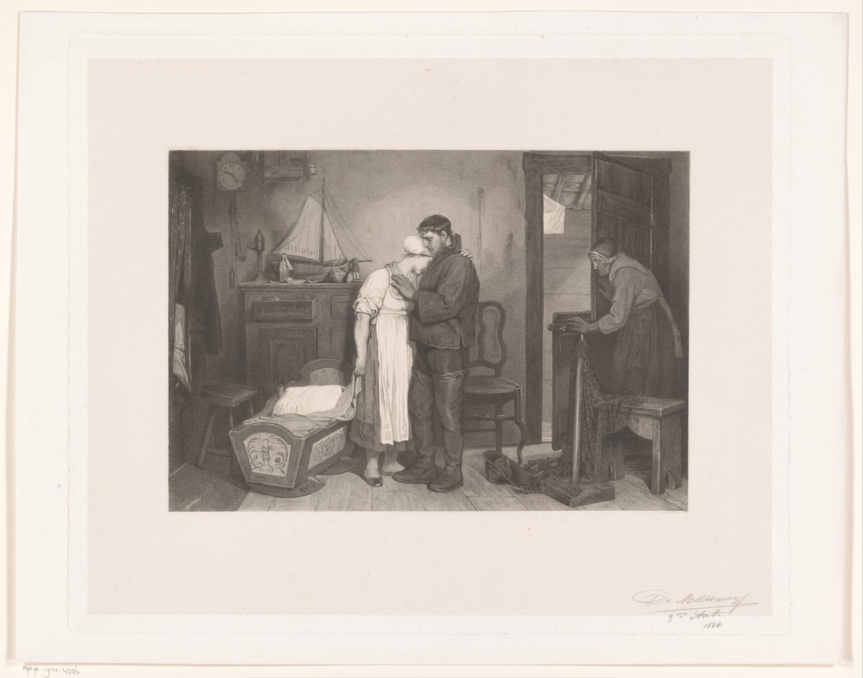 Fischerinterieur mit trauerndem Paar bei einer leeren Wiege von François de Meersman (signed by artist)