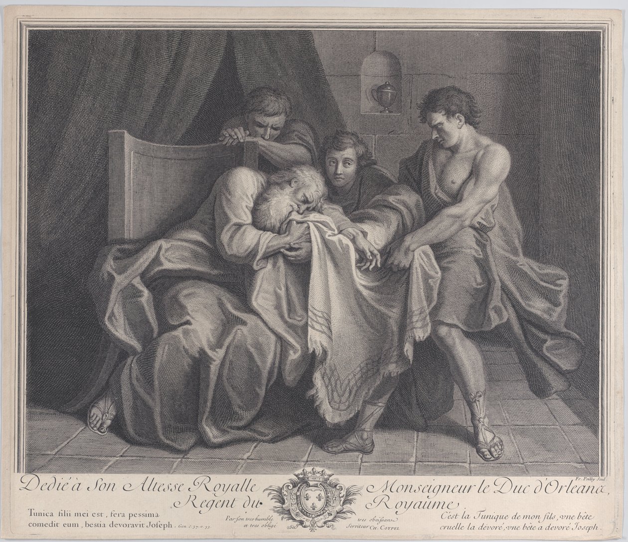 Jakob weint in das Gewand seines Sohnes, während seine anderen Söhne es ihm entreißen, 1724 von François de Poilly